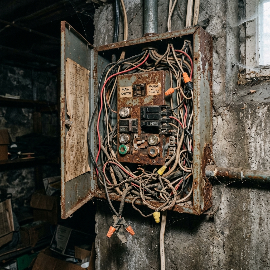 Outdated 100A panel with exposed wiring